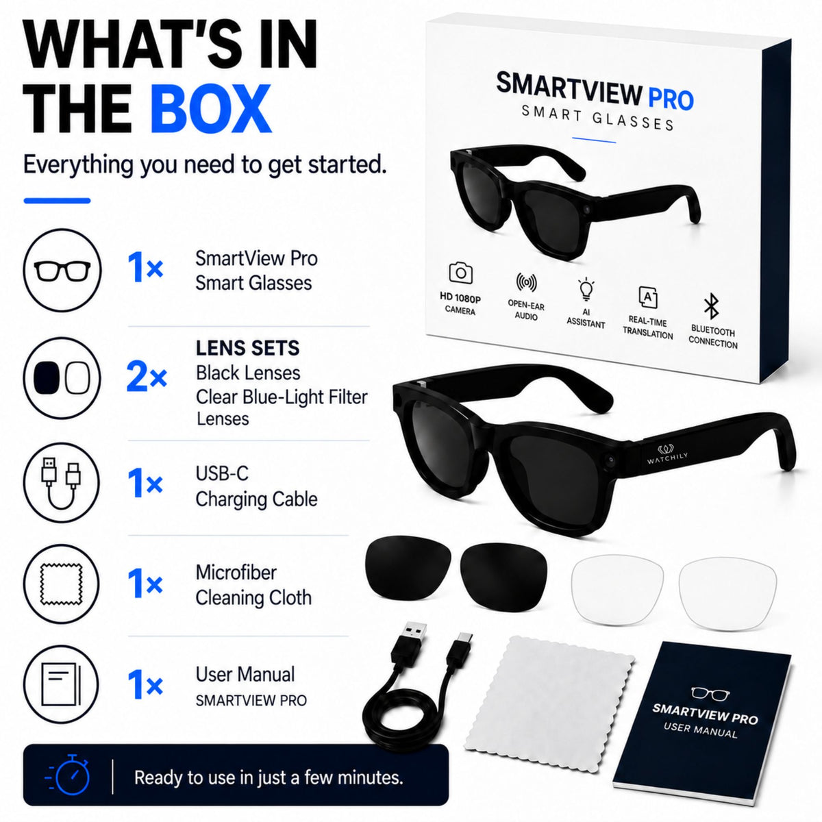 AI Smart Glasses with 1080P HD Camera – SmartView Pro – Includes Black Sunglasses & Blue Light Blocking Lenses
