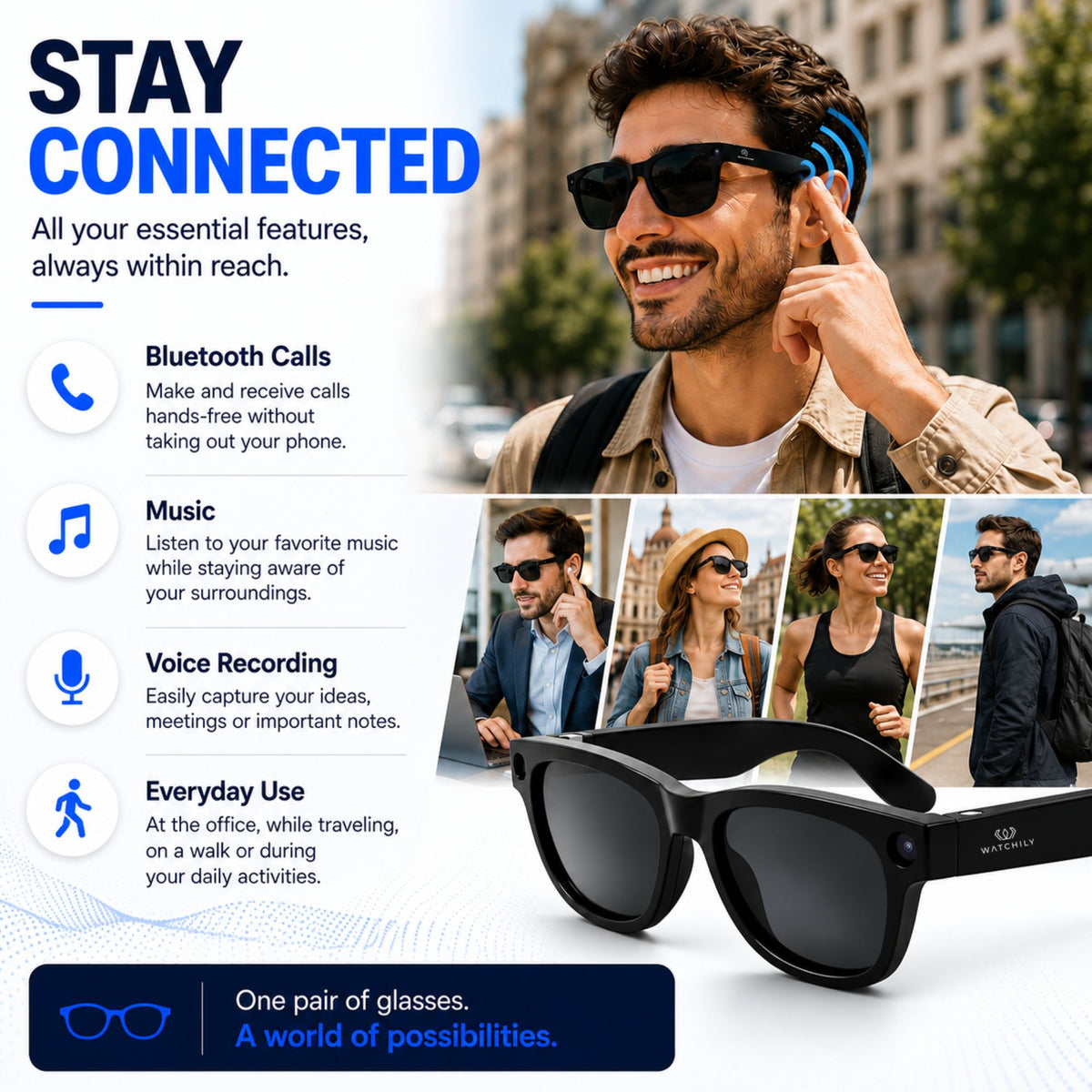 AI Smart Glasses with 1080P HD Camera – SmartView Pro – Includes Black Sunglasses & Blue Light Blocking Lenses