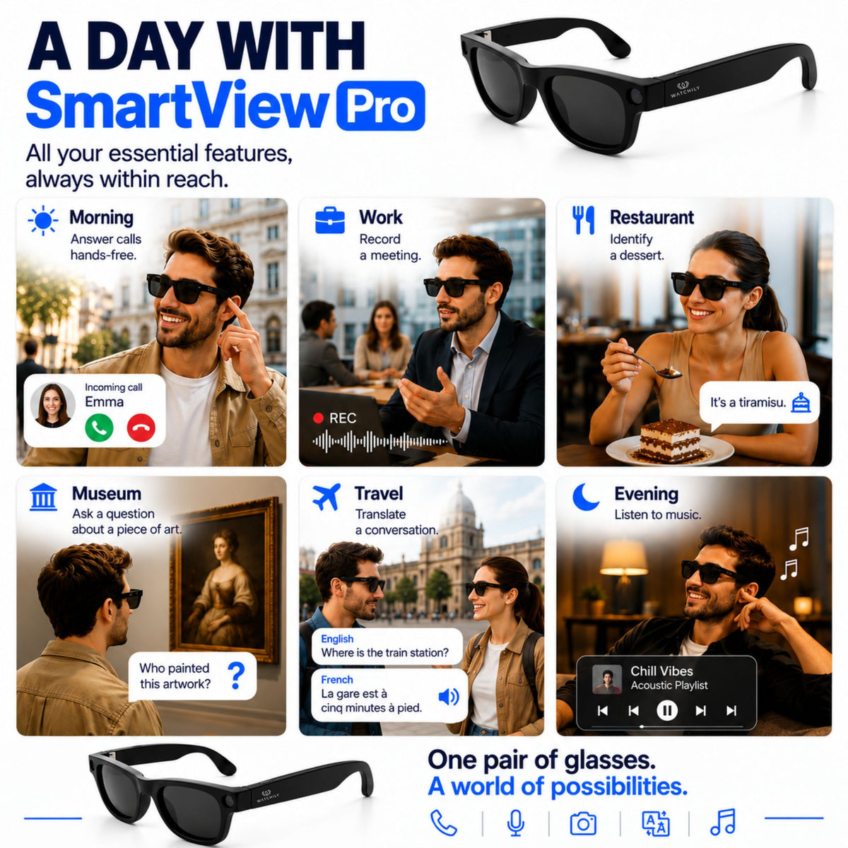 AI Smart Glasses with 1080P HD Camera – SmartView Pro – Includes Black Sunglasses & Blue Light Blocking Lenses